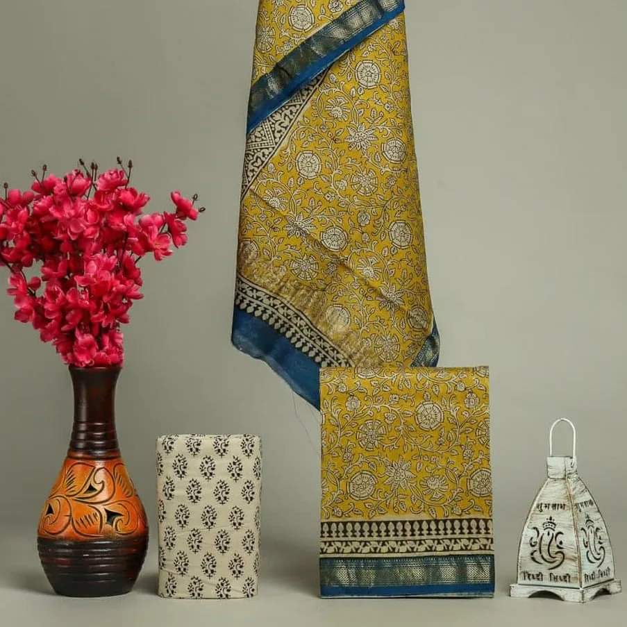 Pure Maheshwari Silk Hand block print Unstitched Suit.
