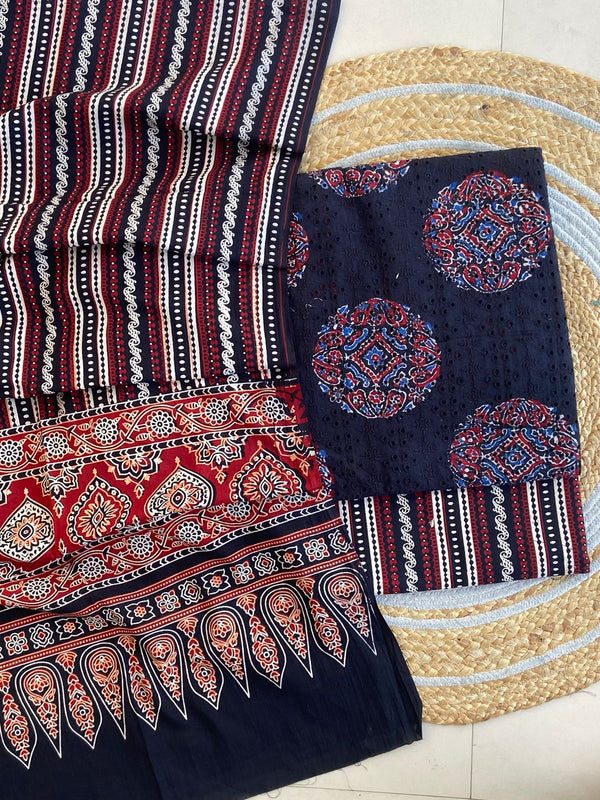 Pure Cotton Azrakh Print Unstitched Suit With  Mul cotton Duppatta