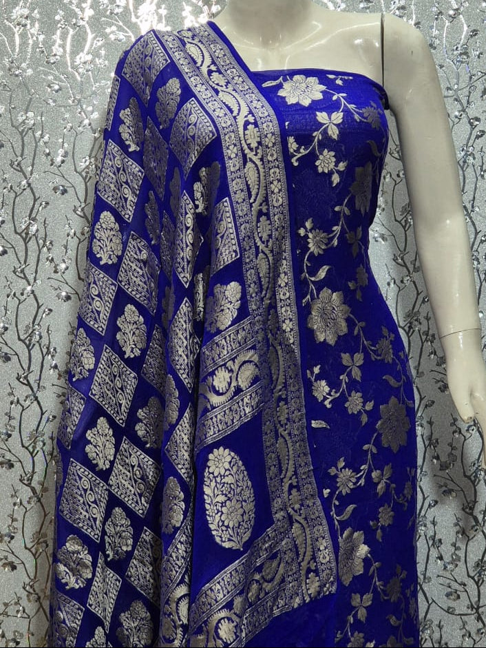 Pure Khaddi Chiffon Unstitched Suit With Zari Work.