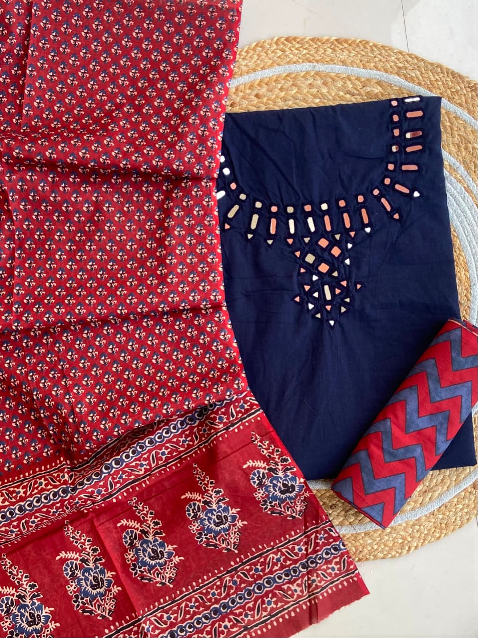 Pure Cotton Azrakh Print Unstitched Suit With heavy mirror work