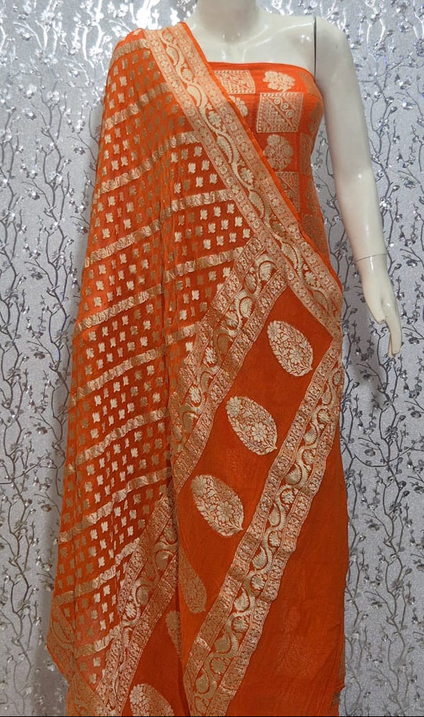 Pure Khaddi Chiffon Unstitched Suit With Zari Work.