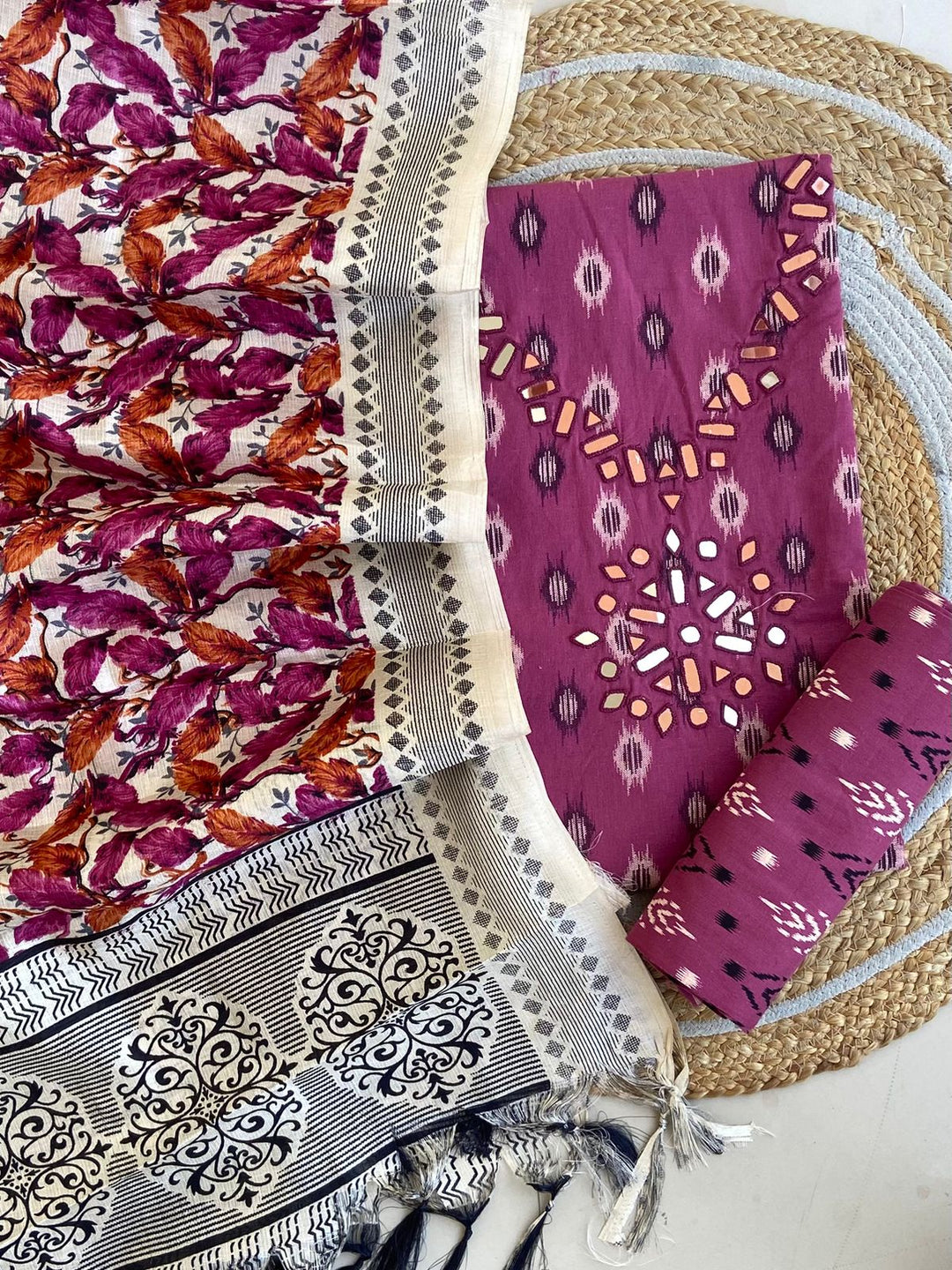 Pure Cotton Azrakh Print Unstitched Suit With Dola Silk Printed Dupatta