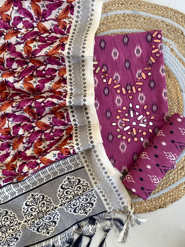 Pure Cotton Azrakh Print Unstitched Suit With Dola Silk Printed Dupatta