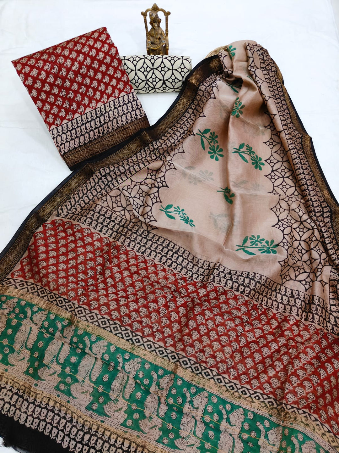 Pure Maheshwari Silk Hand block print Unstitched Suit.