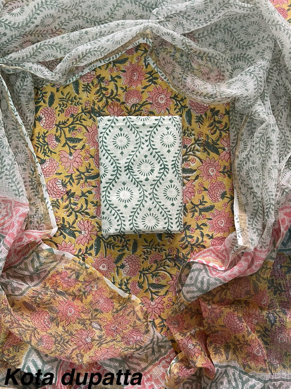 Pure Cotton Hand block print Unstitched Suit with Kota Dupatta .