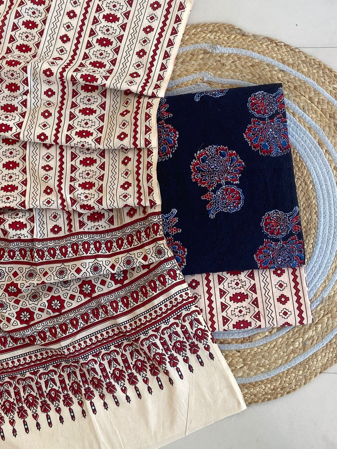 Pure Cotton Azrakh Print Unstitched Suit With  Mul cotton Duppatta