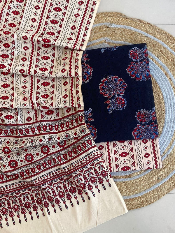 Pure Cotton Azrakh Print Unstitched Suit With  Mul cotton Duppatta