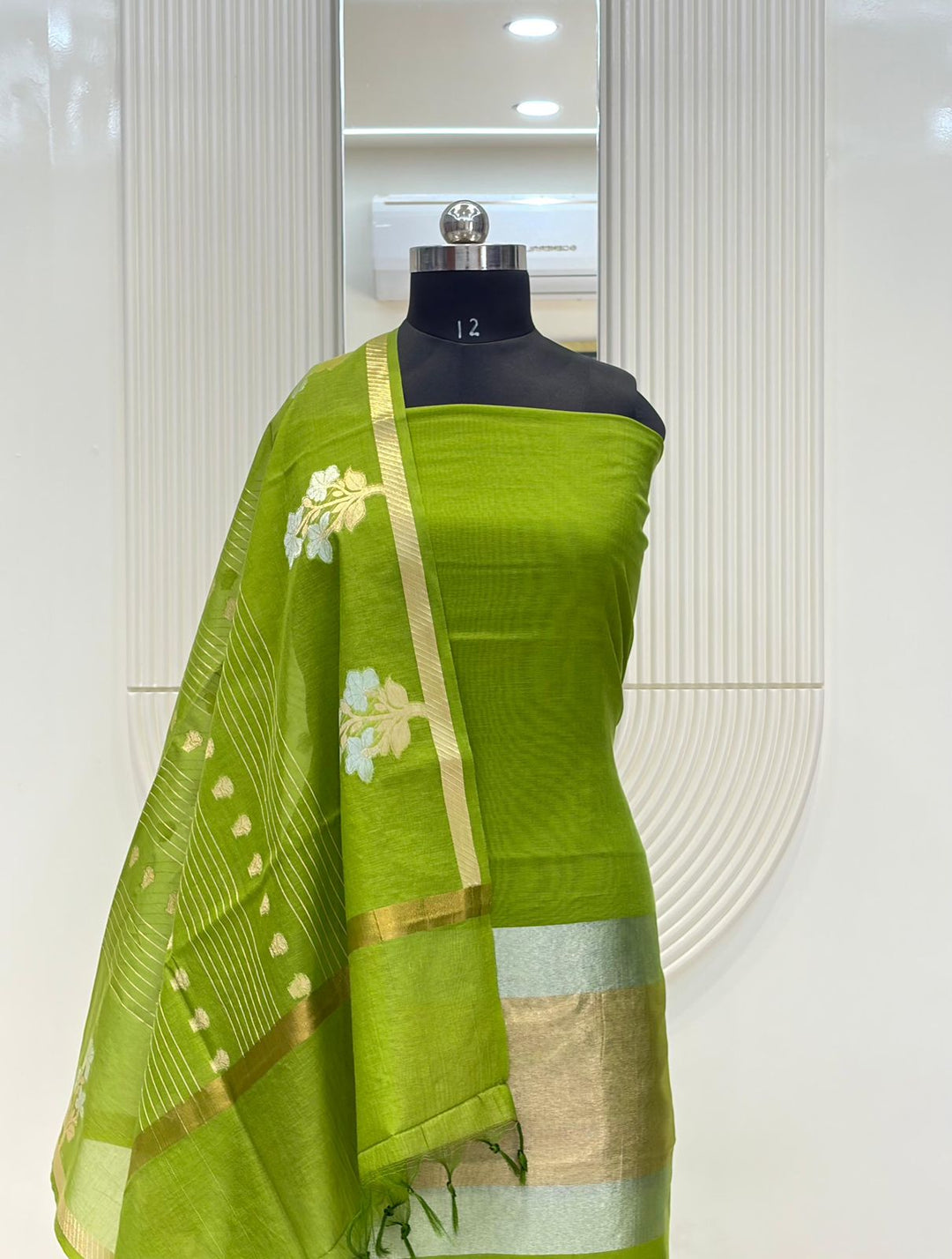 Pure Banarasi Mul Chanderi Silk Unstitched Suit With Zari weaved Palla