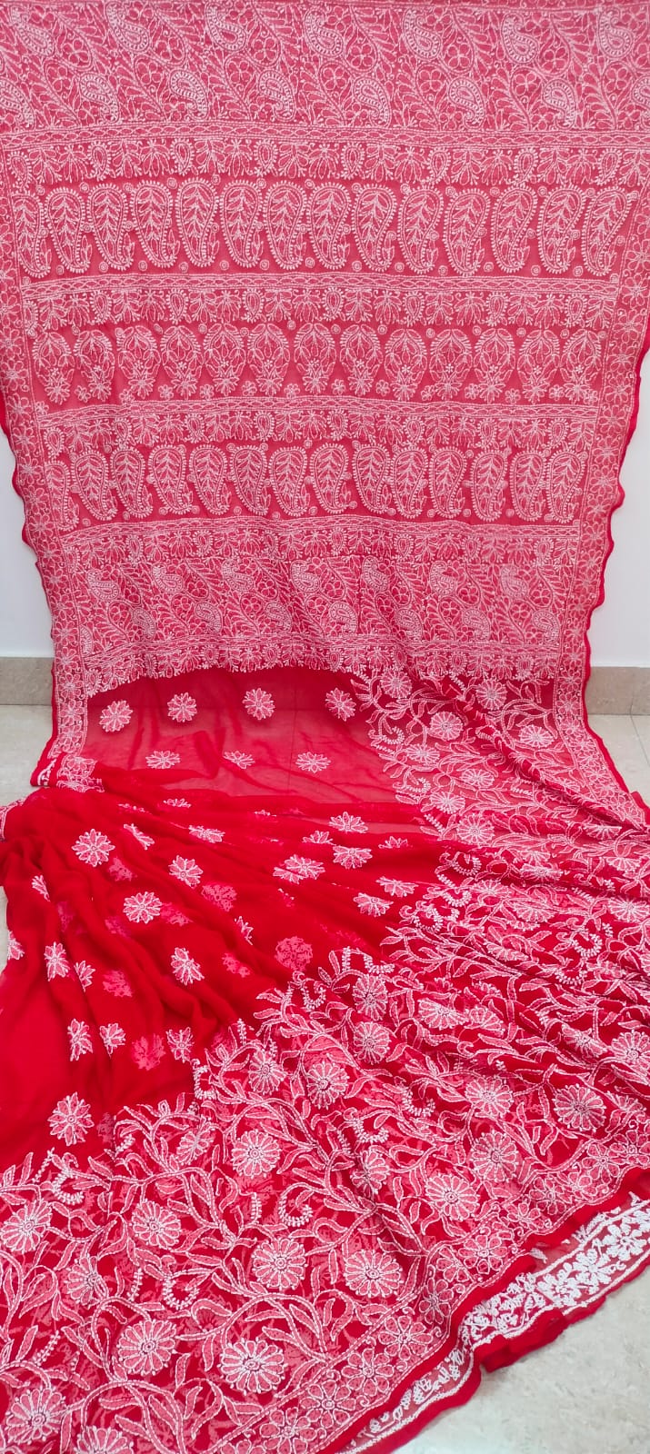 Pure Chiffon Georgette Chikankari Half Jaal Work Hand Embroidery Saree with Blouse