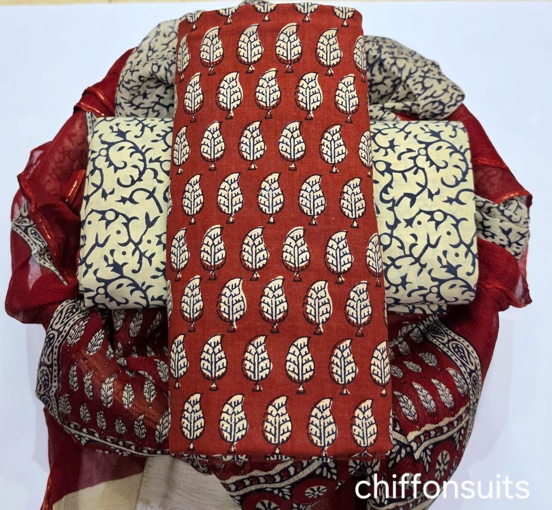 Pure Cotton Hand Block Print Unstitched Suit With Chiffon Dupatta. fab-persona Pure Cotton Hand Block Print Unstitched Suit With Chiffon Dupatta. fab-persona
