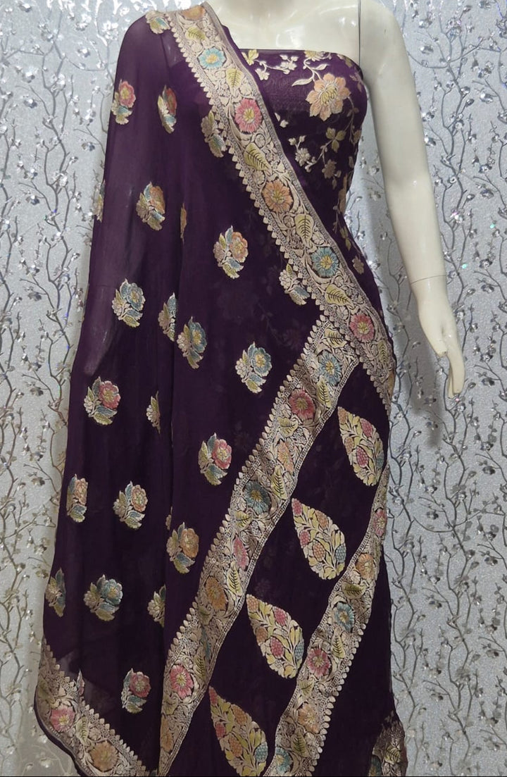Pure Khaddi Chiffon Unstitched Suit With Water Zari Work.