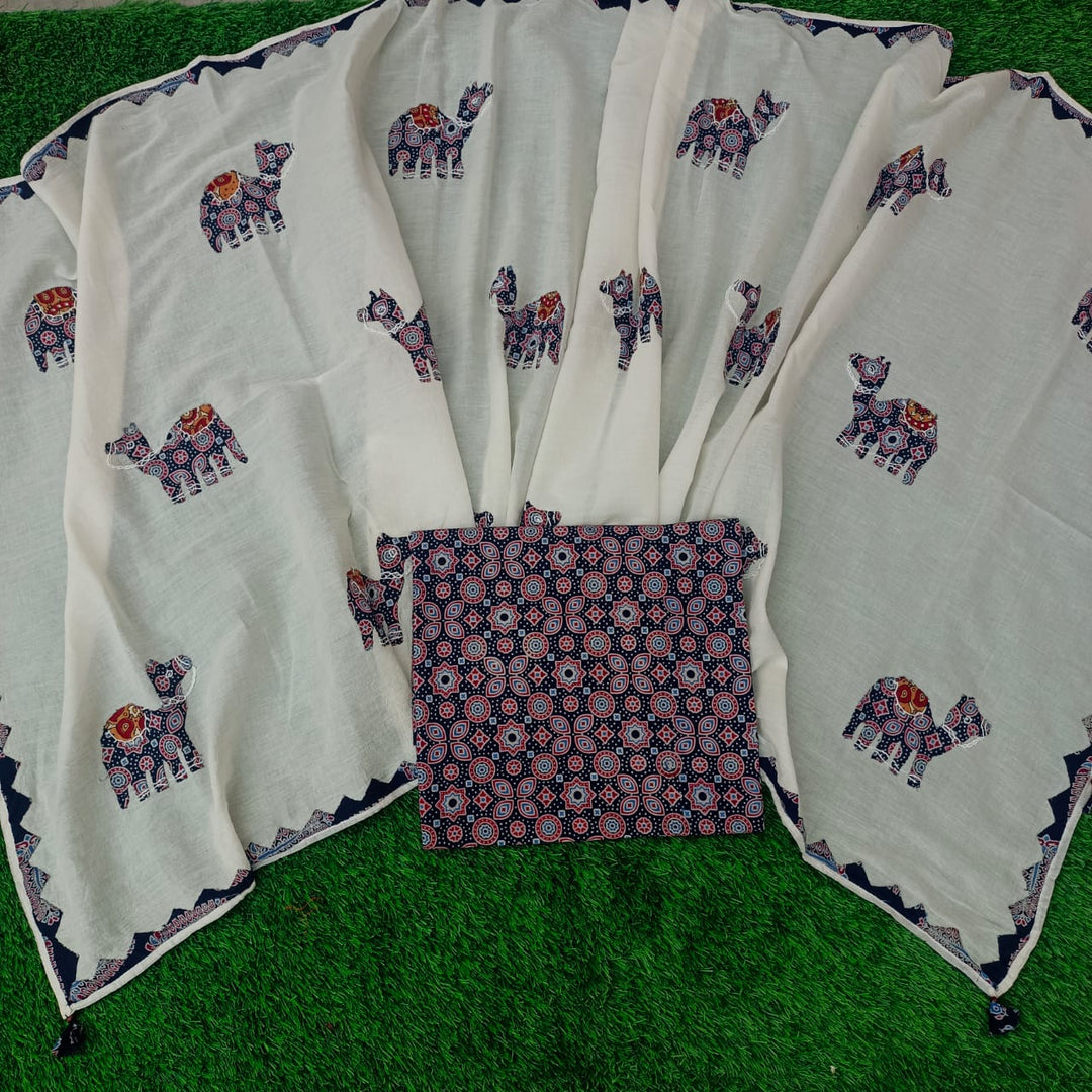 Pure Cotton Azrakh Print Unstitched suit Whit Kantha Work Dupatta .