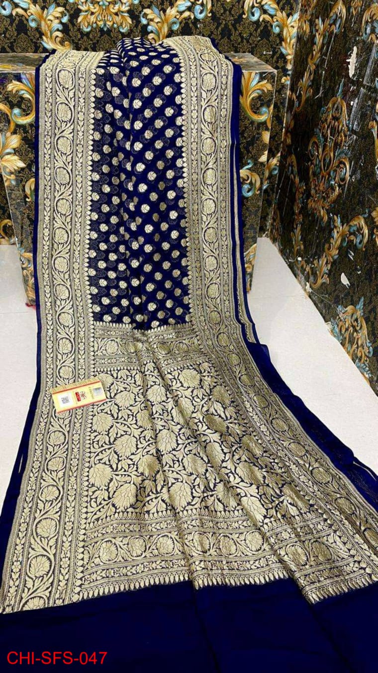 Pure Banarasi Handloom Khaddi Georgette Silk Saree With Beautiful Antique Zari Work