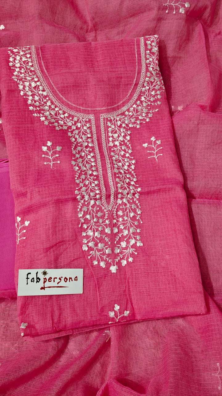 Pure Cotton Kota Doriya Embroidery Unstitched Suit With Dupatta