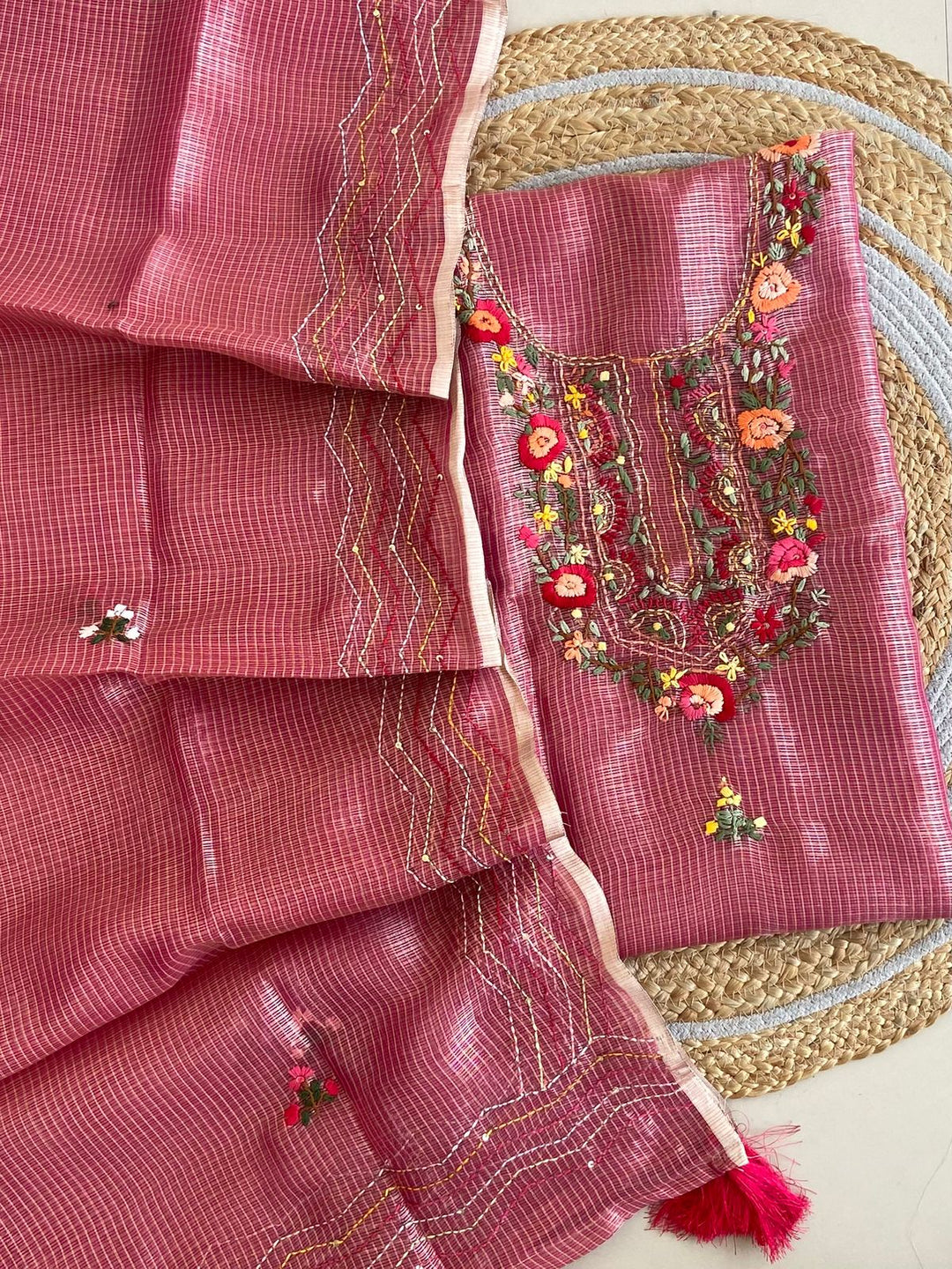 Pure Kota Doriya Silk Kurta And Dupatta With Neck Hand Work Emobroidery Unstitched Suit