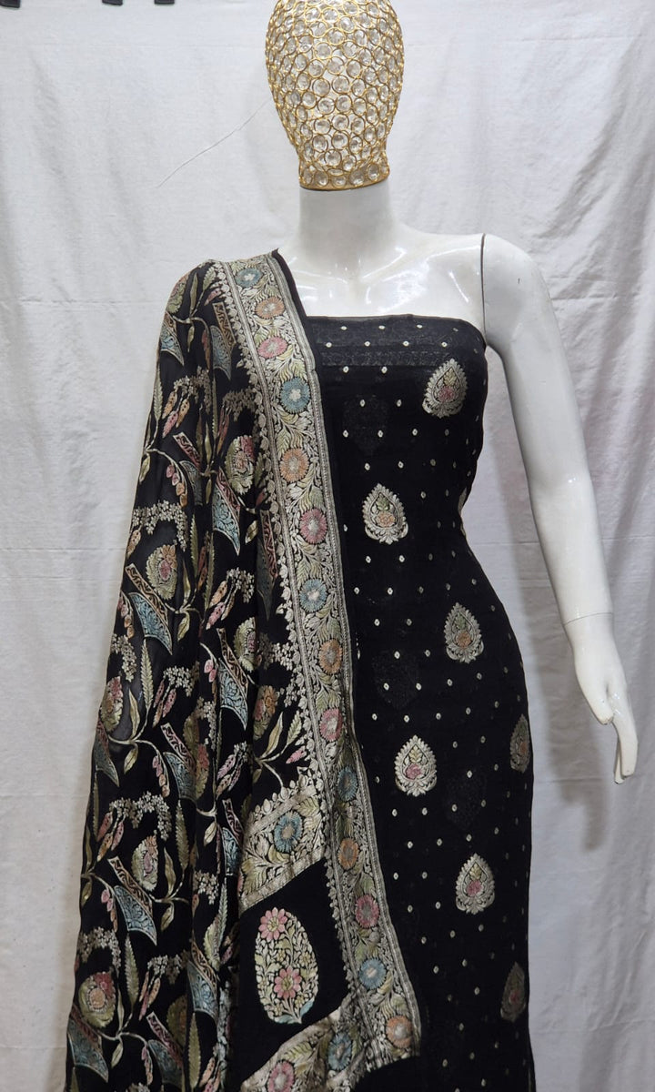 Pure Khhadi Chiffon Georgette Water Zari Work Unstitched Suit With khhadi Georgette Dupatta.