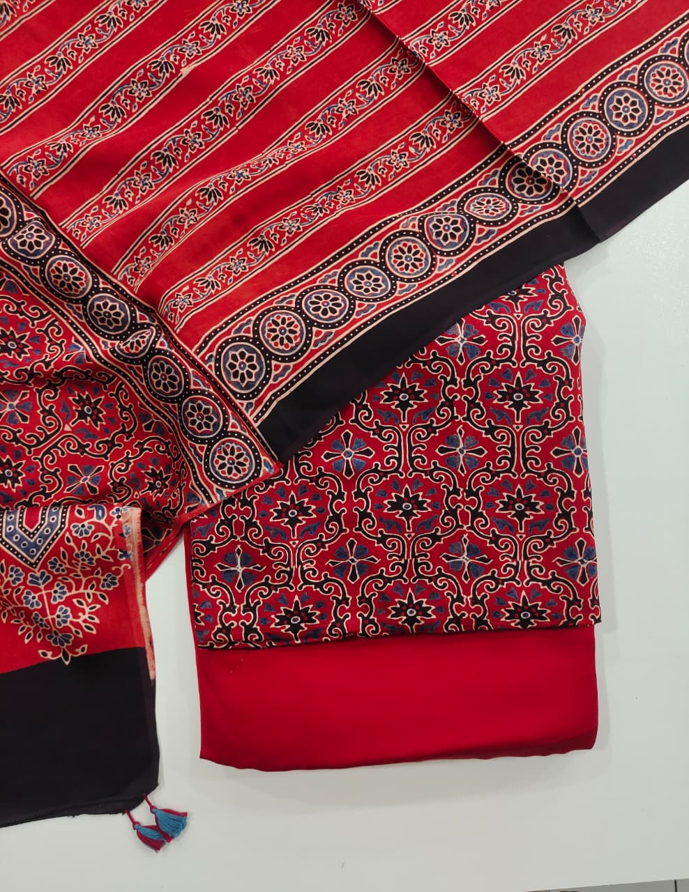 Pure Modal Silk Ajrakh Hand Block  3pc Unstitched Suit