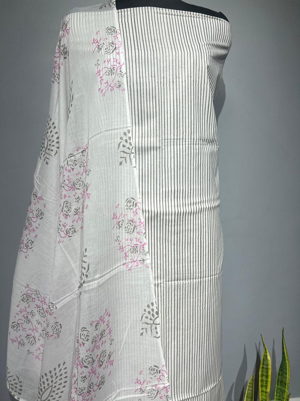 Pure Cotton Hand Block Print Unstitched Suit With Cotton Dupatta