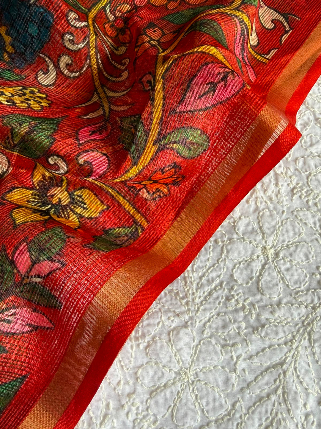 Pure Cotton Chikankari Hand Work Unstitched suit With Kalmkari Kota Doriya Dupatta.(without bottom)