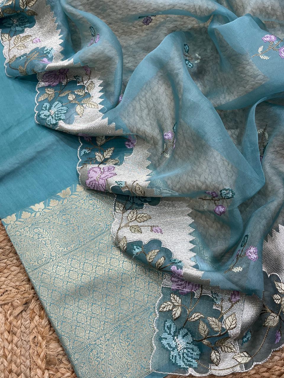 Pure Banarasi Resham Chanderi Silk Unstitched Suit With Organza Dupatta