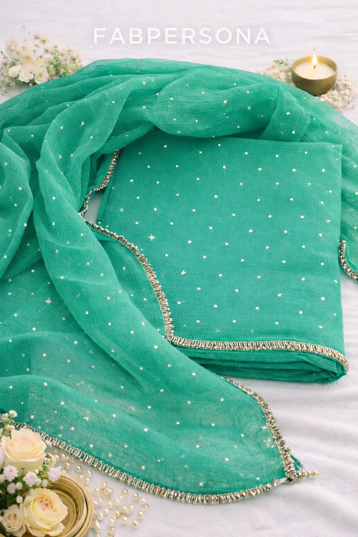 Pure Kota doria 3 pc Unstitched Suit with Mukaish work.