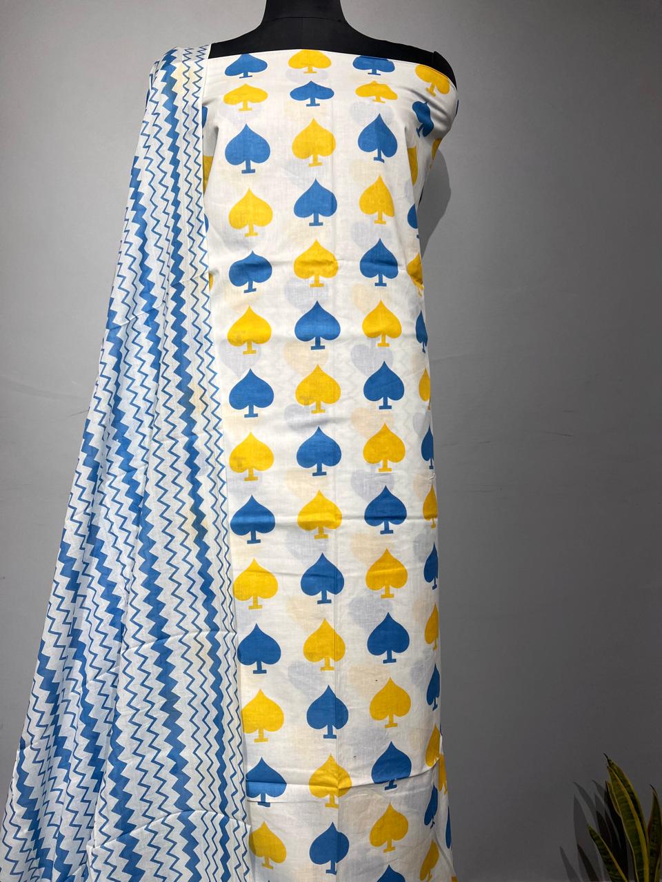 Pure Cotton Hand Block Print Unstitched Suit With Cotton Dupatta