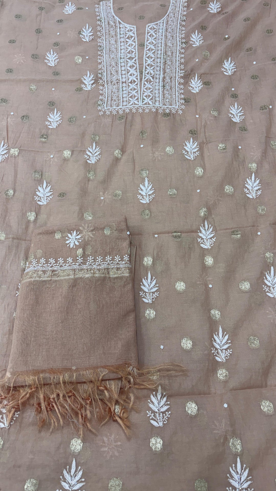 Pure Mul Chanderi Chakiankari Work Unstitched Suit with Pearl and Cutdana work .