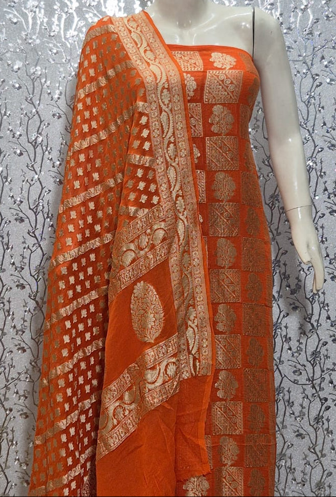 Pure Khaddi Chiffon Unstitched Suit With Zari Work.