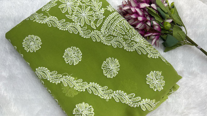 Pure Chiffon Chikankari Half Jaal Work Hand Embroidery Saree with Blouse