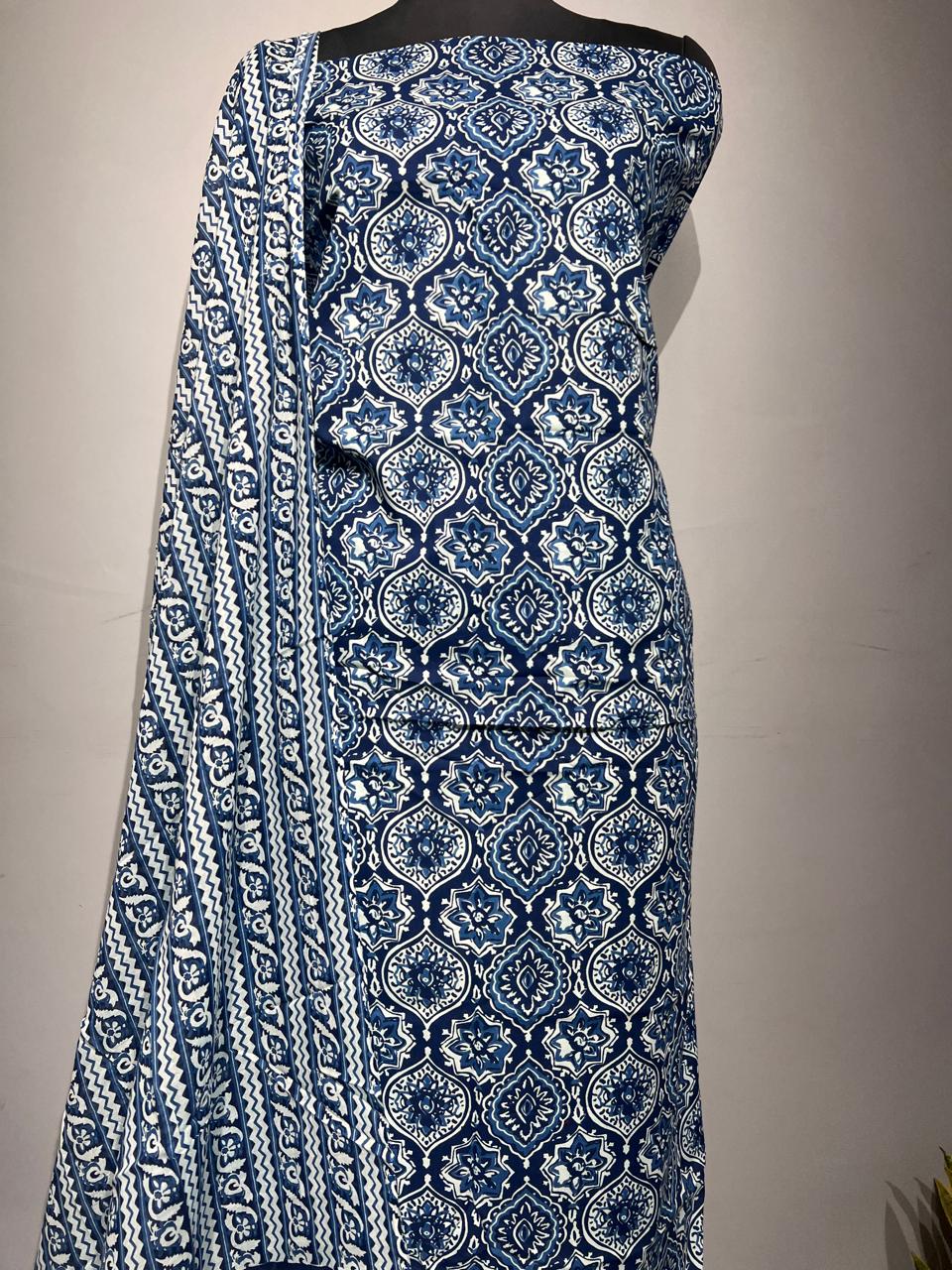Pure Cotton Hand Block Print Unstitched Suit With Cotton Dupatta
