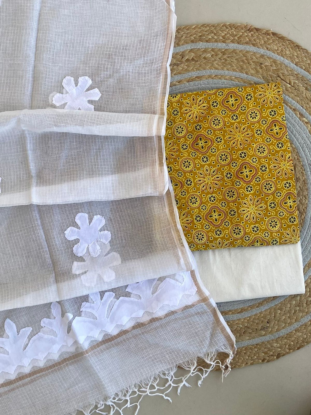 Azrakh Printed Top With Kota Doriya With Hand  Applique Work Dupatta