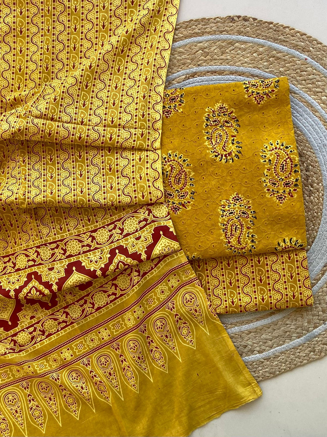 Pure Cotton Azrakh Print Unstitched Suit With  Mul cotton Duppatta