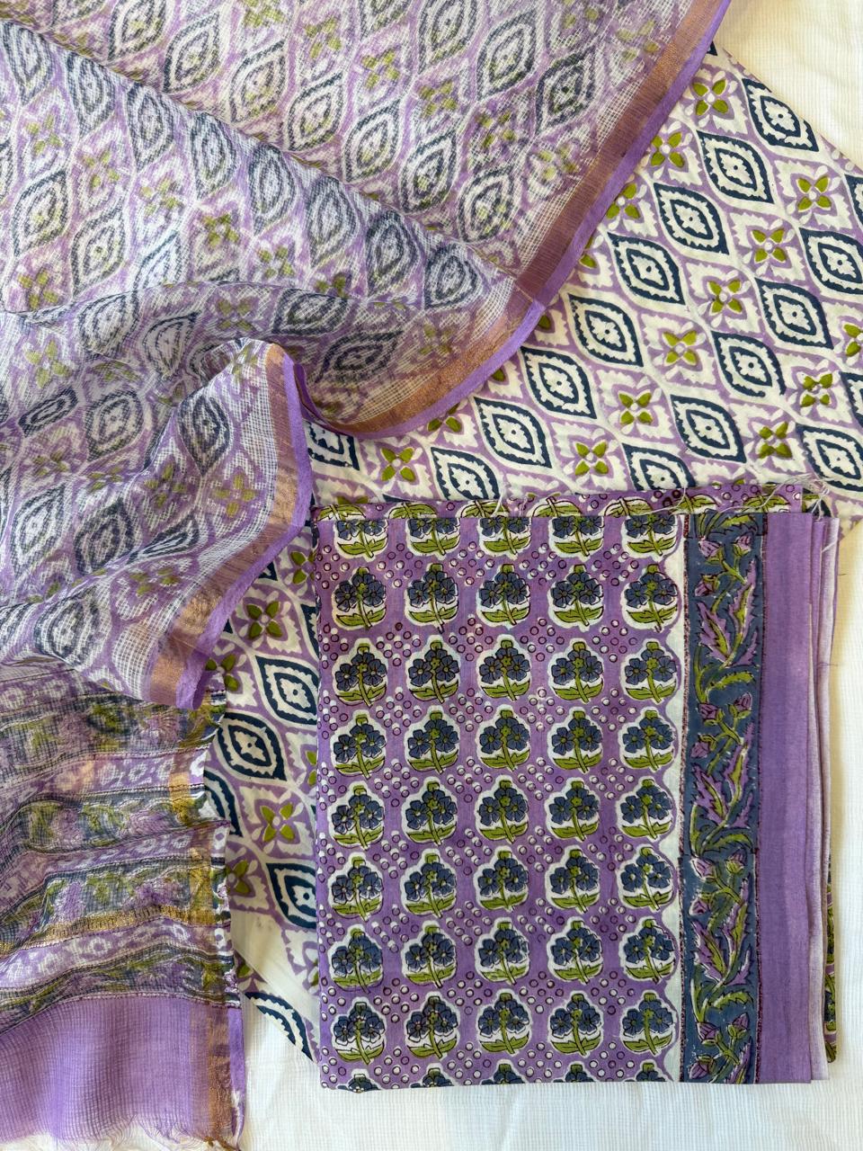 Pure Cotton Hand block print Unstitched Suit with Kota Dupatta