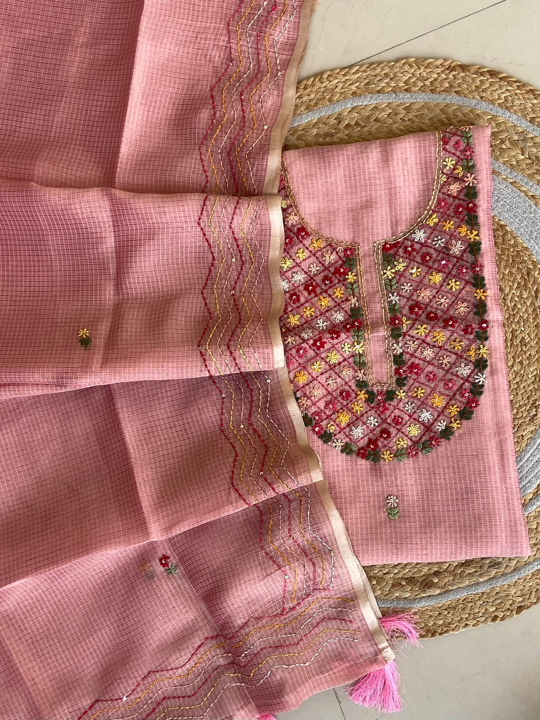 Pure Kota Doriya Silk Kurta And Dupatta With Neck Hand Work Emobroidery Unstitched Suit (Copy)