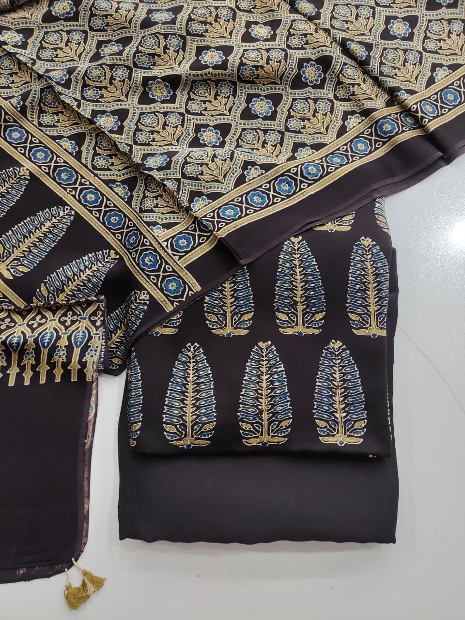 Pure Modal Silk Ajrakh Hand Block  3pc Unstitched Suit