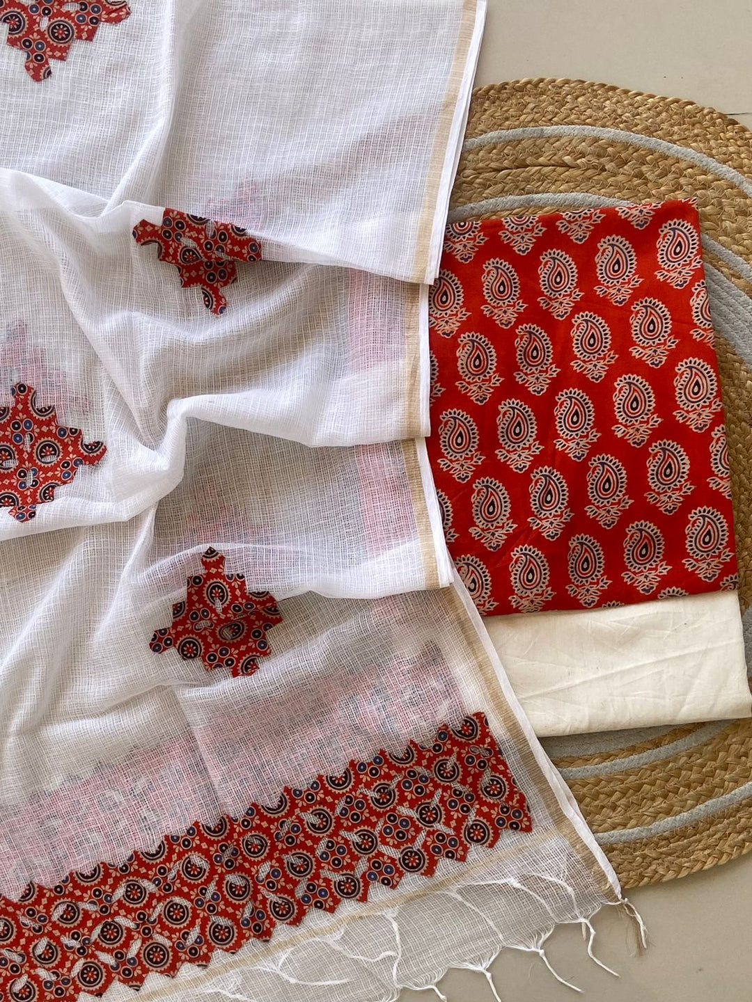 Azrakh Printed Top With Kota Doriya With Hand  Applique Work Dupatta