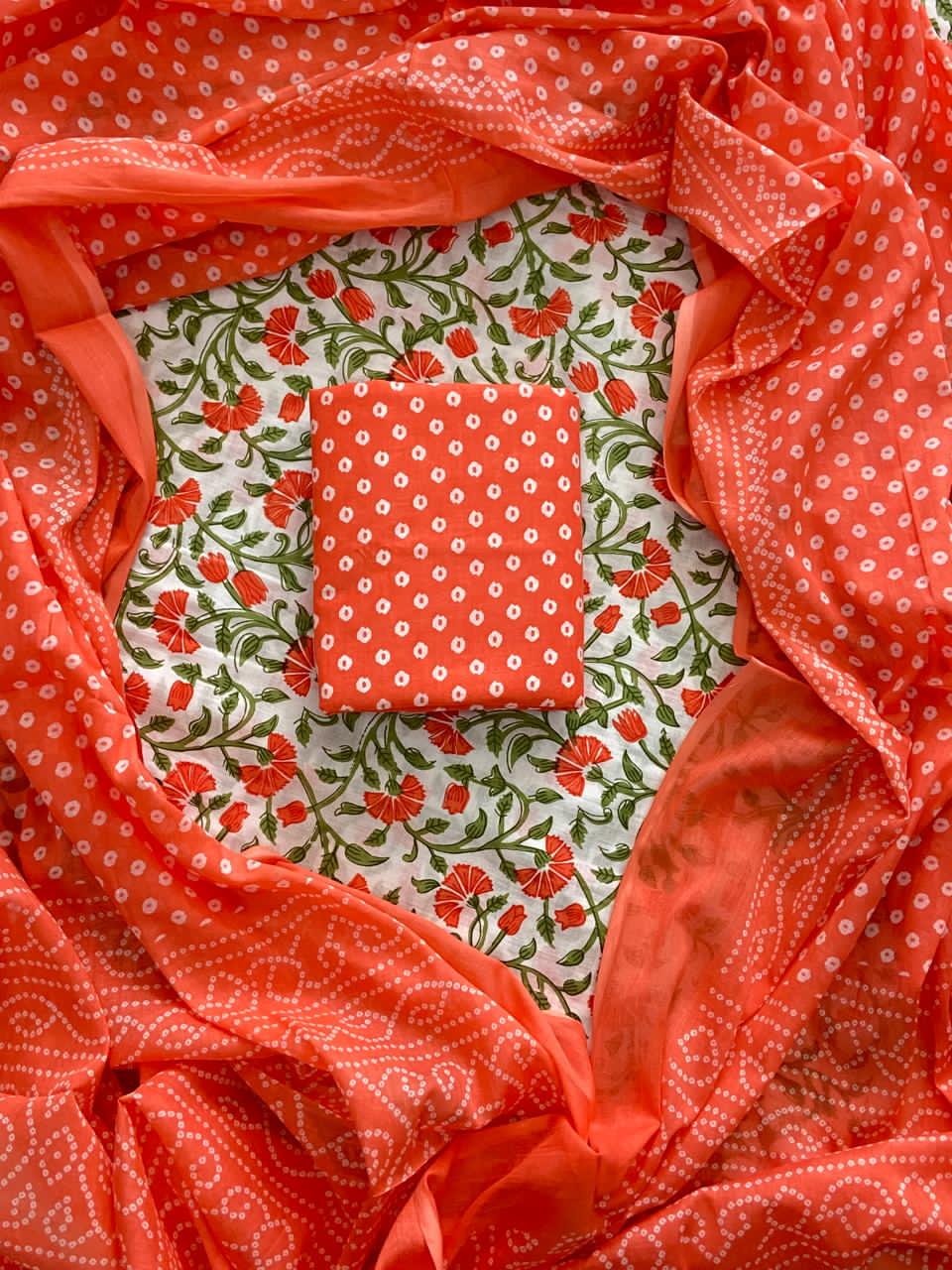 Pure Cotton Hand Block Print Unstitched Suit With Cotton Dupatta