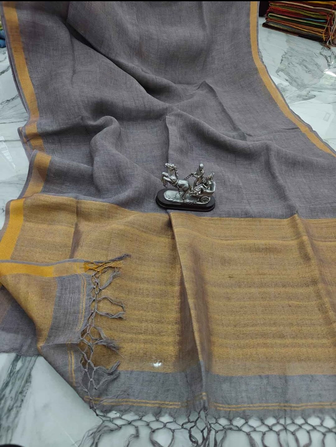Premium Jayasree Linen Saree with Rich Golden Border & Running Blouse Piece