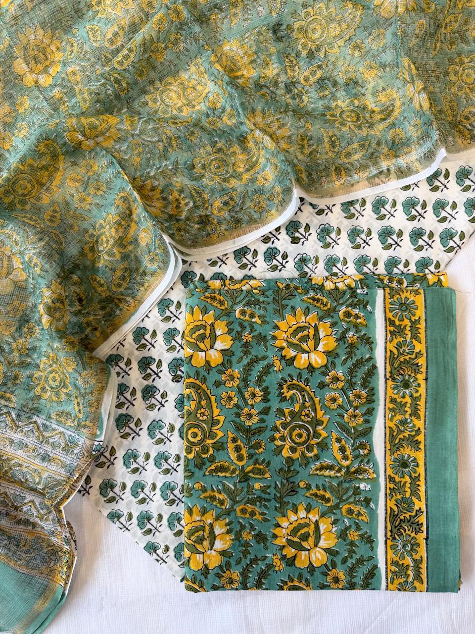 Pure Cotton Hand block print Unstitched Suit with Kota Dupatta