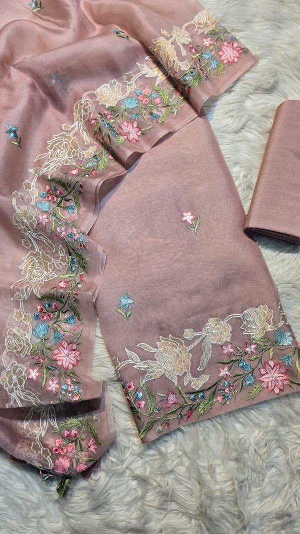 Pure Banarasi Organza Silk Applique Work Unstitched Suit.