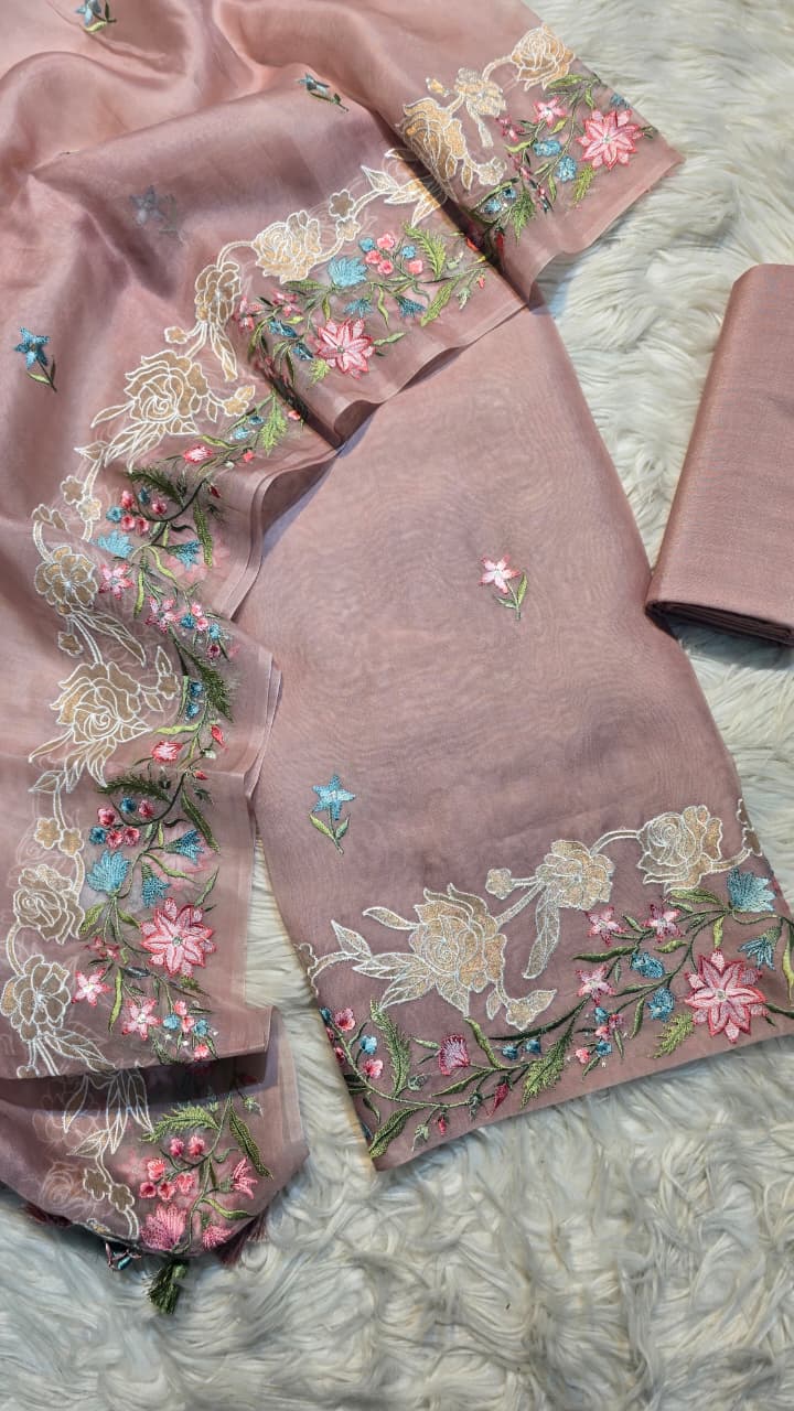 Pure Banarasi Organza Silk Applique Work Unstitched Suit.