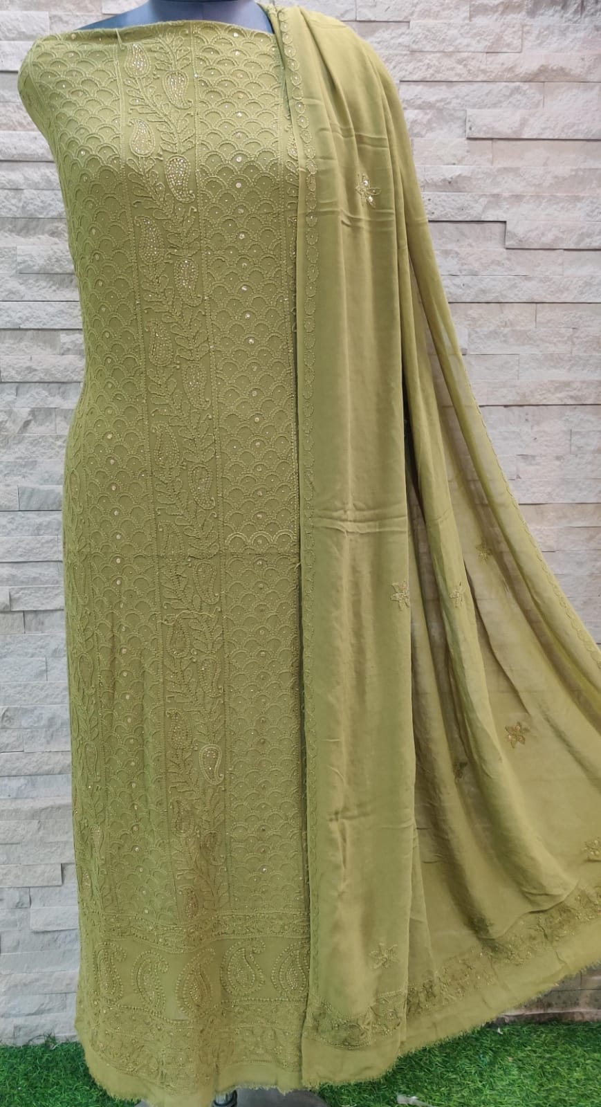 Pure Viscose Georgette Chikankari Hand Embroidery And Mukesh Work Unstitched Suit.