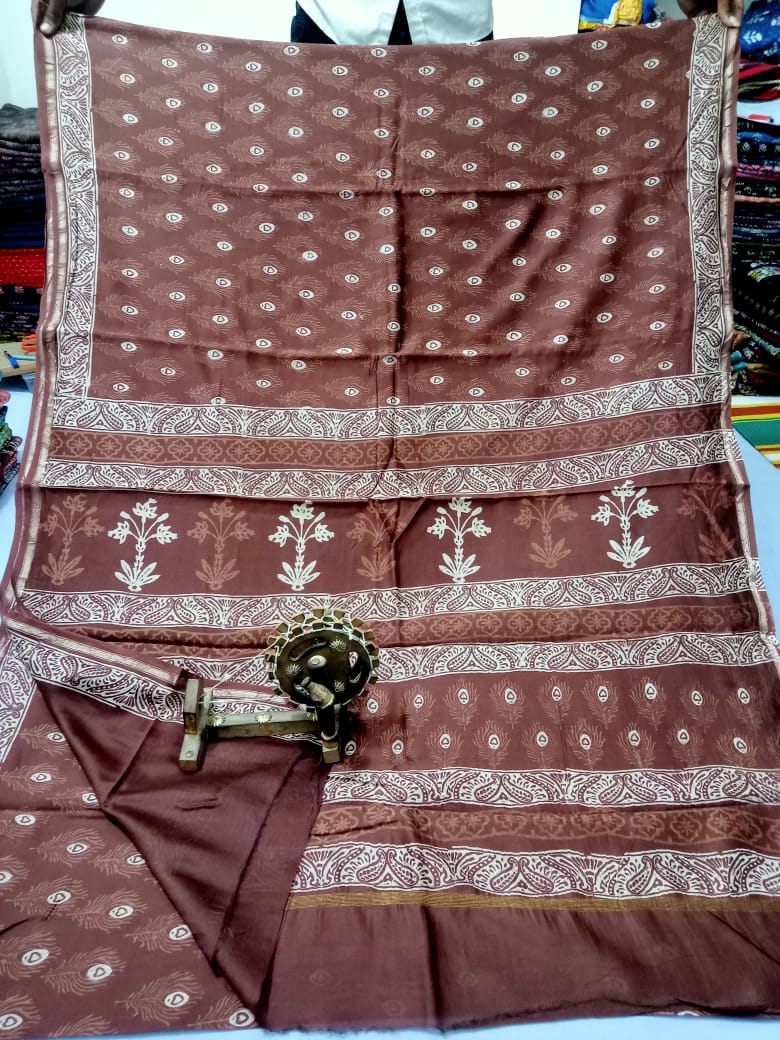 Pure Chanderi Silk Hand Block Print Saree.