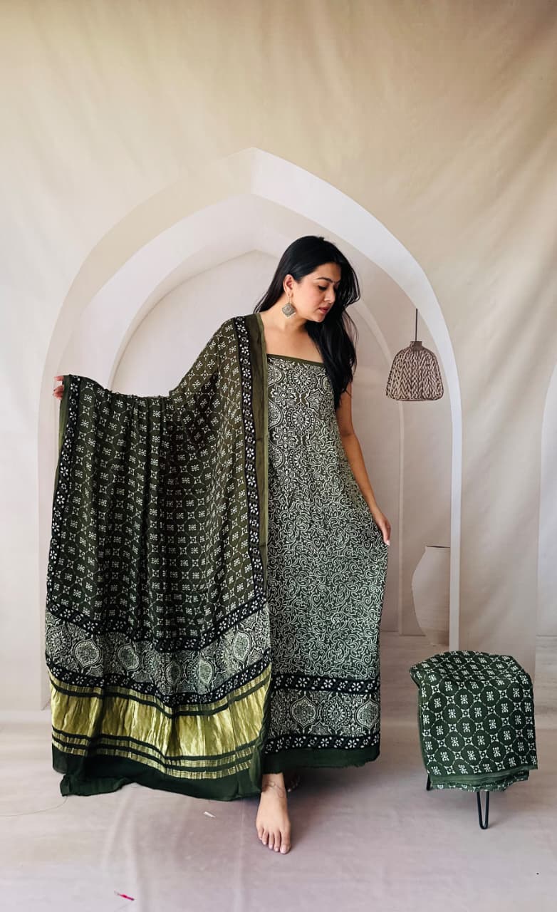 Pure Modal Silk Ajrakh Hand Block Zari Pallu Weaved 3pc Unstitched Suit