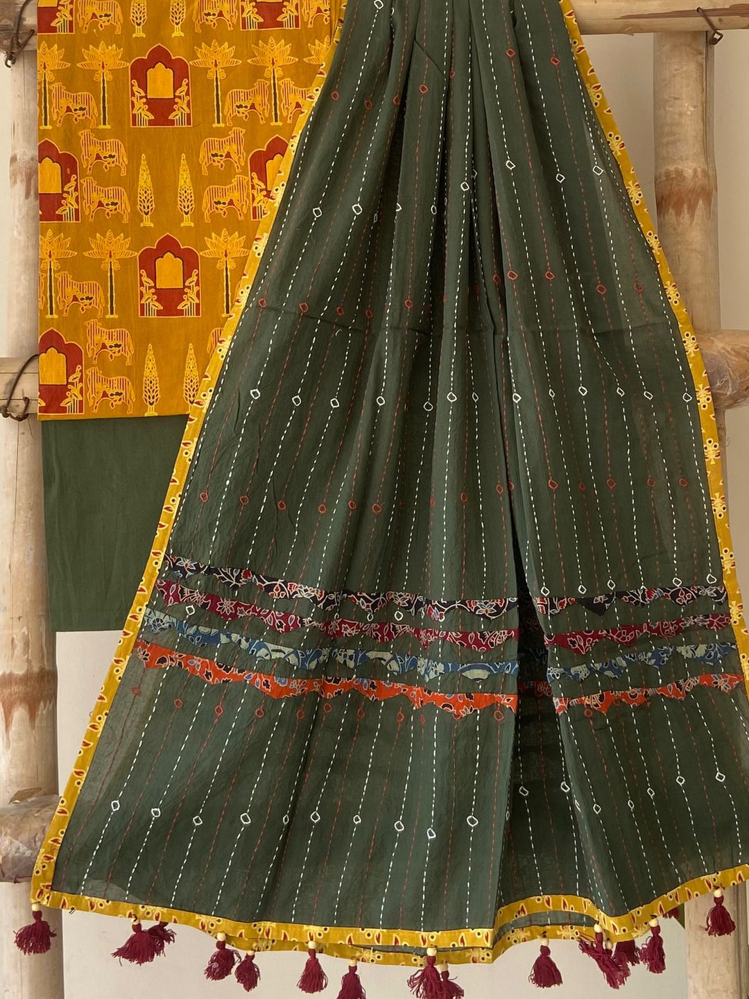 Pure Cotton Azrakh Print Unstitched Suit With Kantha work Dupatta ...