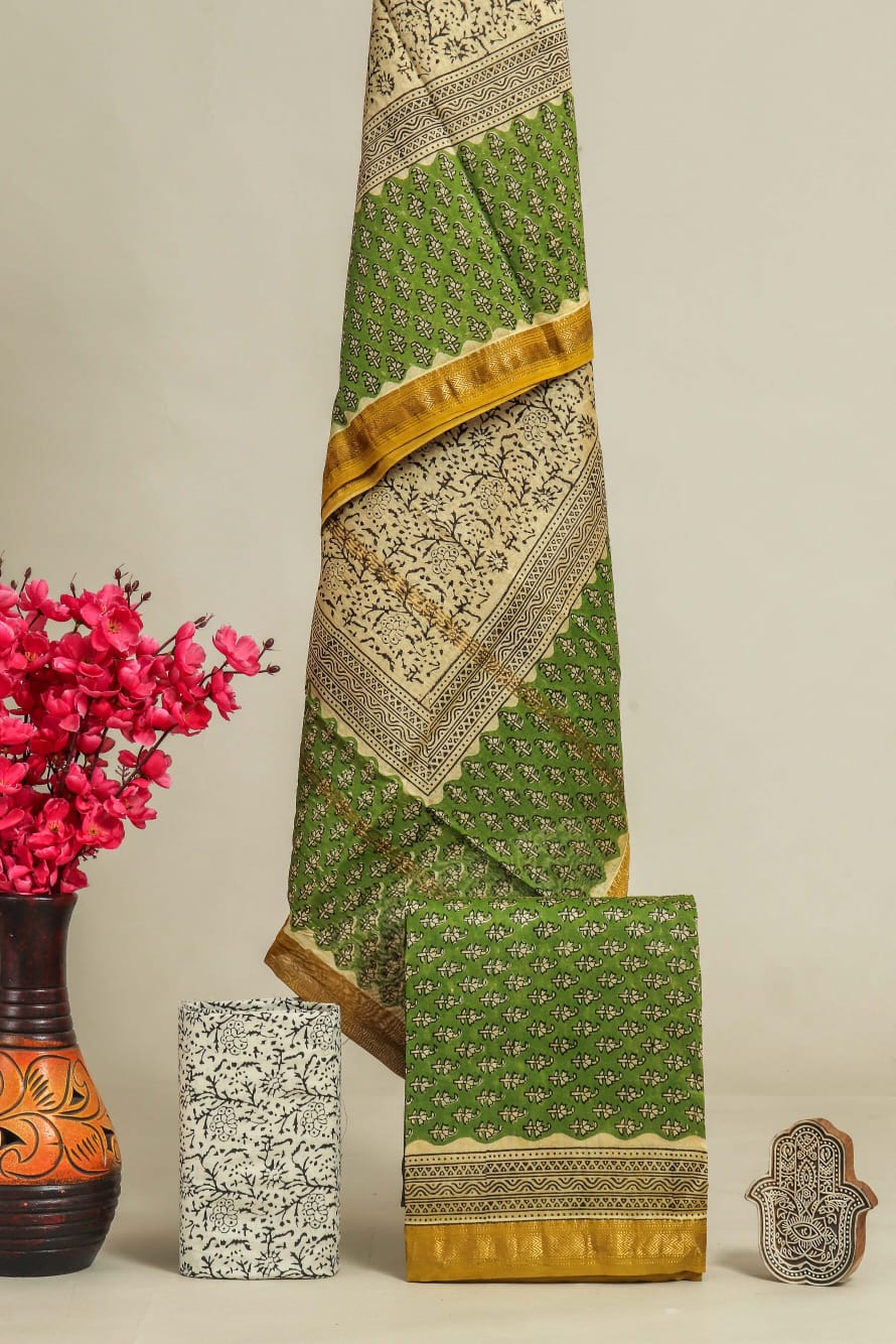 Pure Maheshwari Silk Hand block print Unstitched Suit.