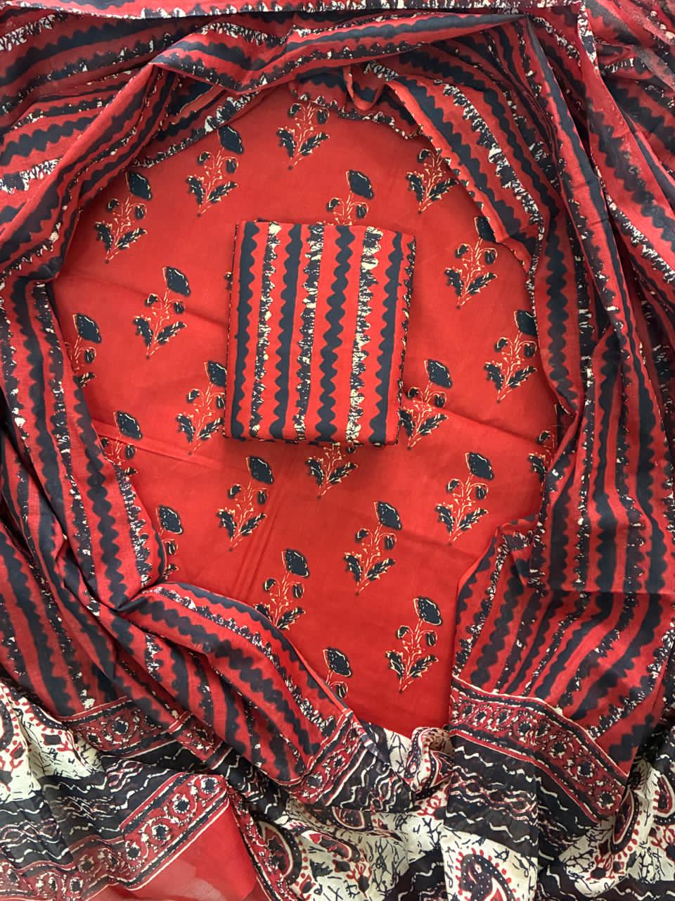 Pure Cotton Hand Block Print Unstitched Suit With Cotton Dupatta