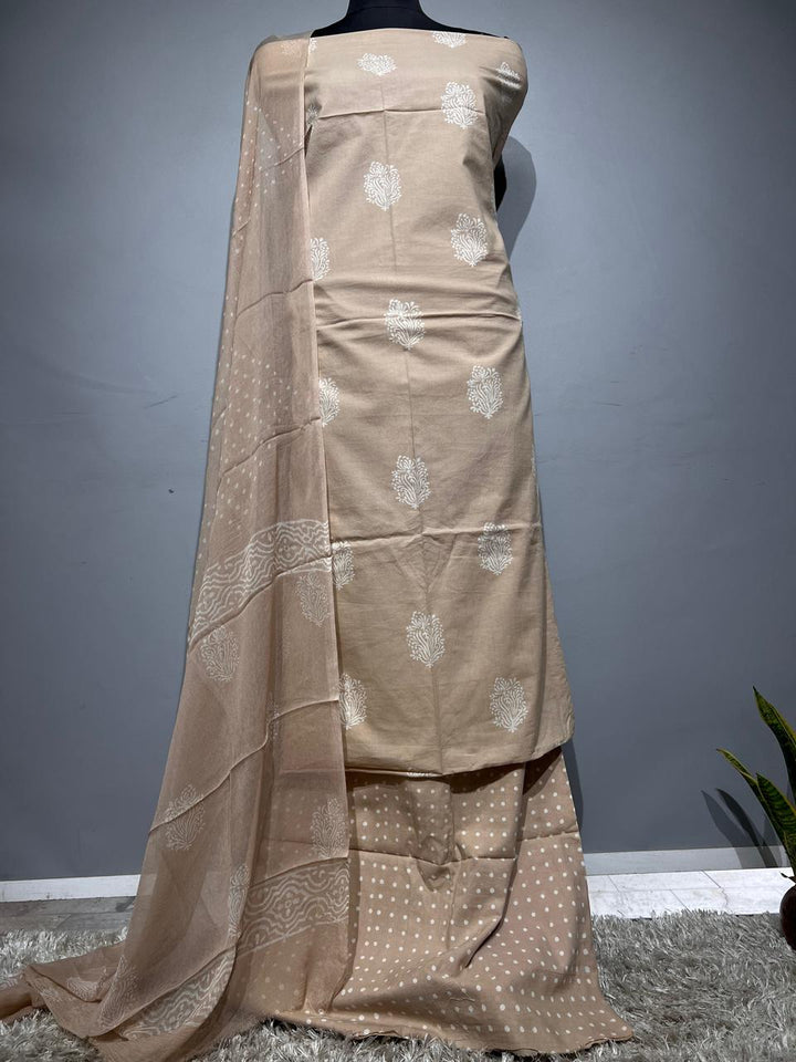 Pure Cotton Hand Block Print Unstitched Suit With Chiffon Dupatta