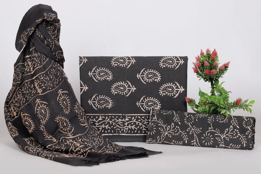 Pure Cotton Hand Block Print Unstitched Suit With Chiffon Dupatta