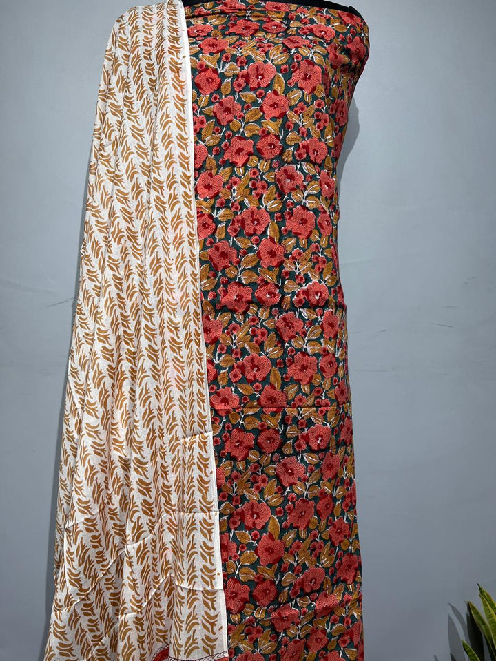 Pure Cotton Hand Block Print Unstitched Suit With Cotton Dupatta